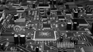 A black and white image of a circuit board.