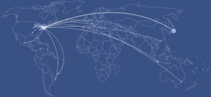 map of the world connecting the dots of where the authors are based to new york