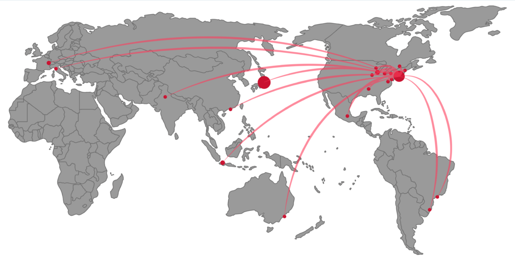 map of the world connecting the dots of where the authors are based to new york