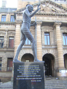 bronze statue of Gandhi commemorating the centenary of the incident at the Pietermaritzburg Railway