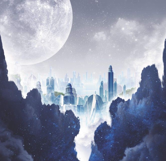 A science fiction illustration of a city, the night sky, and a large Moon.